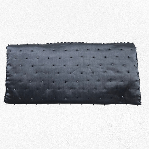 Vintage 50s Black Beaded Satin Evening Clutch Made in Japan Floral Cocktail Bag - Picture 8 of 8